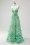 Green Floral Halter Tiered A-Line Ruffles Bridesmaid Dress with Slit