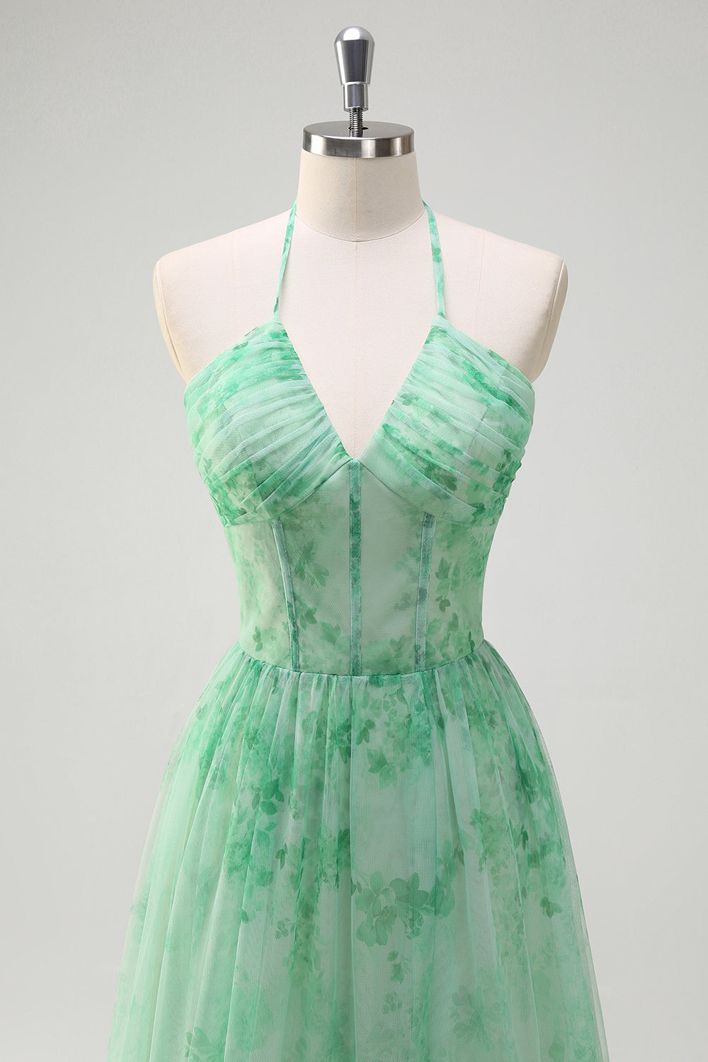 Green Floral Halter Tiered A-Line Ruffles Bridesmaid Dress with Slit