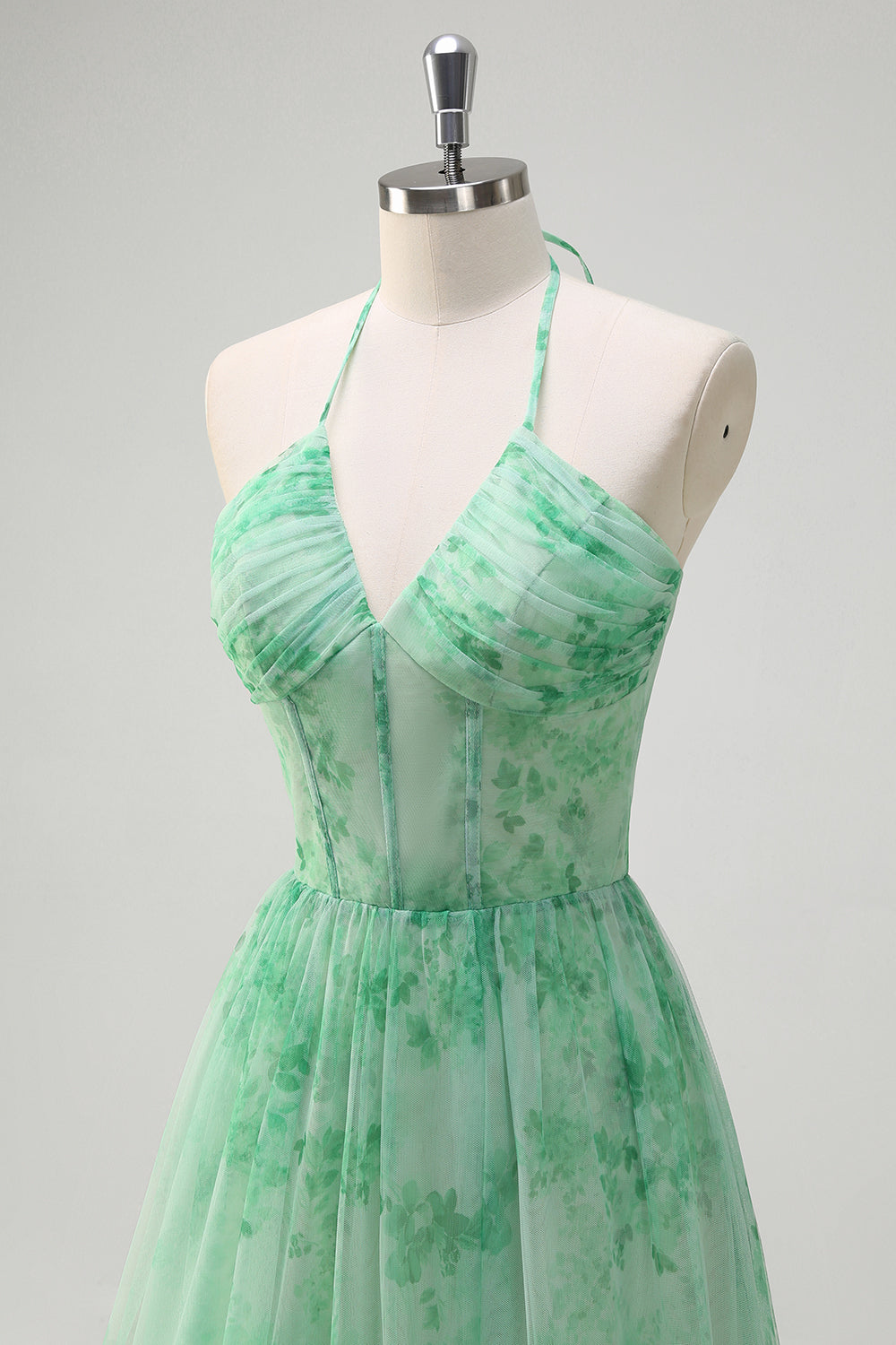 Green Floral Halter Tiered A-Line Ruffles Bridesmaid Dress with Slit