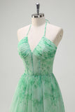 Green Floral Halter Tiered A-Line Ruffles Bridesmaid Dress with Slit