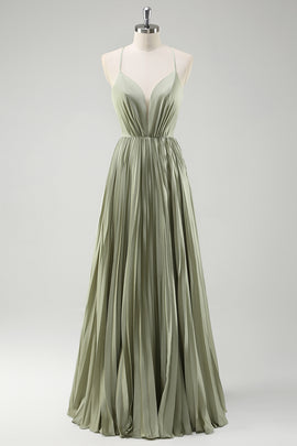 Green Pleated Spaghetti Straps Long Bridesmaid Dress