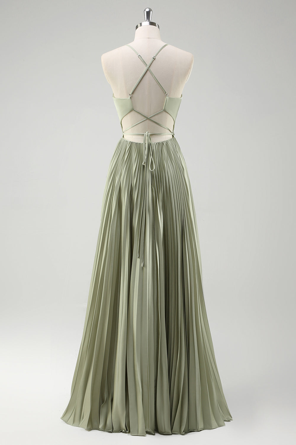 Green Pleated Spaghetti Straps Long Bridesmaid Dress