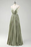 Green Pleated Spaghetti Straps Long Bridesmaid Dress