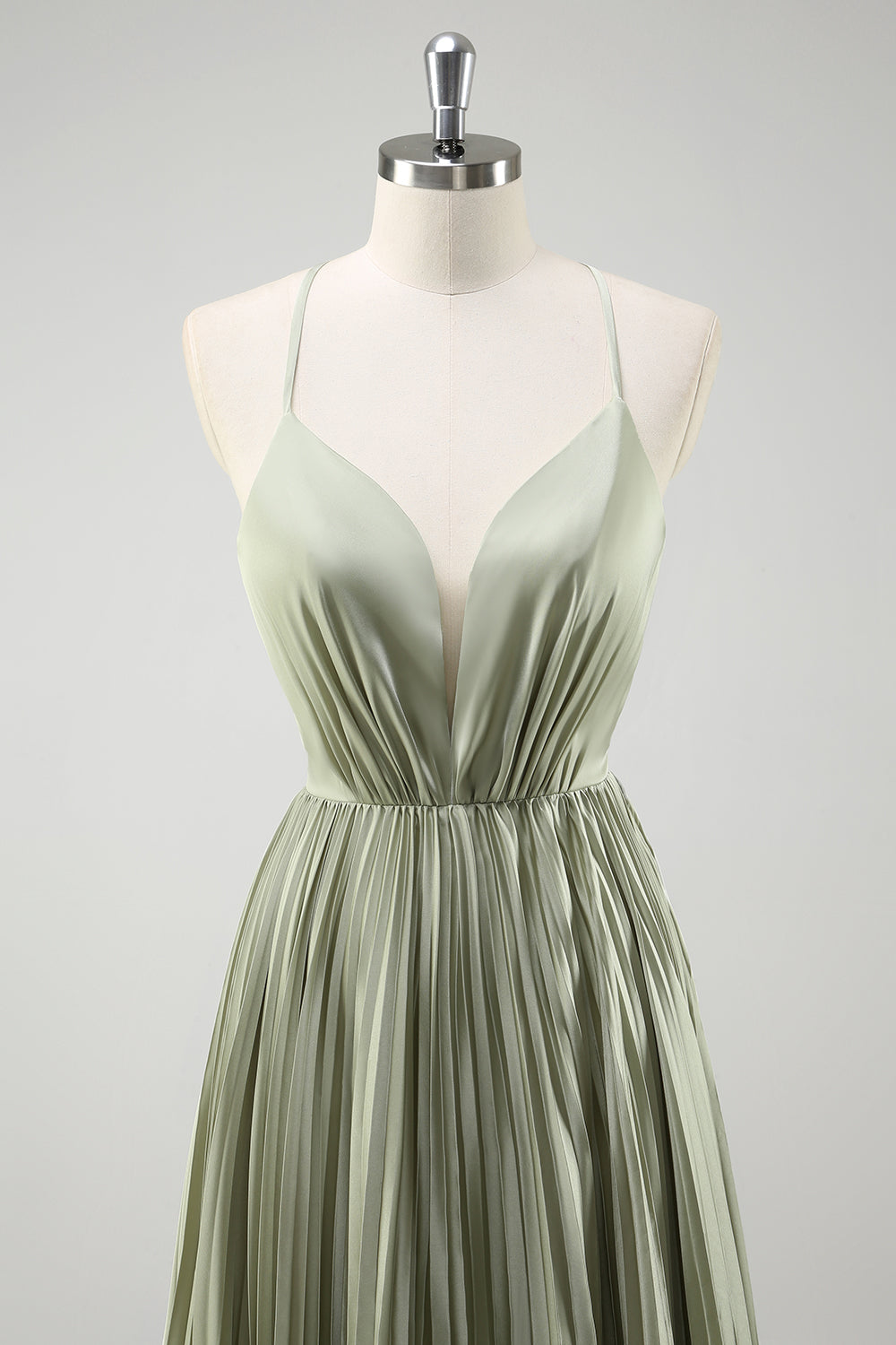 Green Pleated Spaghetti Straps Long Bridesmaid Dress