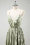 Green Pleated Spaghetti Straps Long Bridesmaid Dress