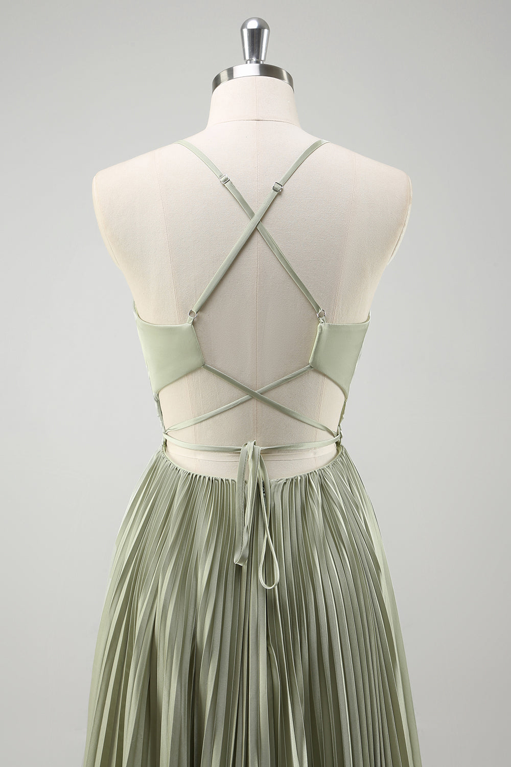 Green Pleated Spaghetti Straps Long Bridesmaid Dress