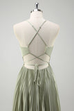 Green Pleated Spaghetti Straps Long Bridesmaid Dress