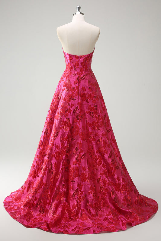 Fuchsia A Line Floral Long Prom Dress with Slit