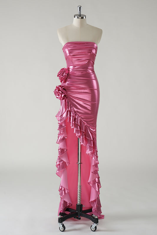 Sparkly Metallic Fuchsia Ruffled Long Prom Dress with Slit