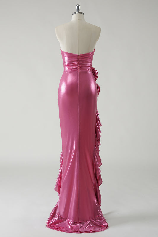 Sparkly Metallic Fuchsia Ruffled Long Prom Dress with Slit