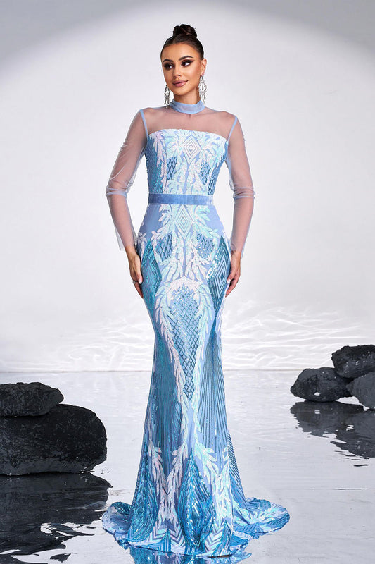 Sparkly Ligth Blue Mermaid Printed Illusion Sleeves Prom Dress