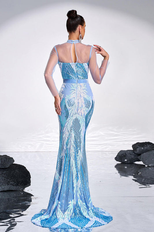 Sparkly Ligth Blue Mermaid Printed Illusion Sleeves Prom Dress