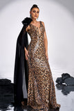 Coffee Leopard Printed Mermaid V-neck Long Prom Dress