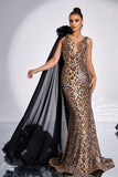 Coffee Leopard Printed Mermaid V-neck Long Prom Dress