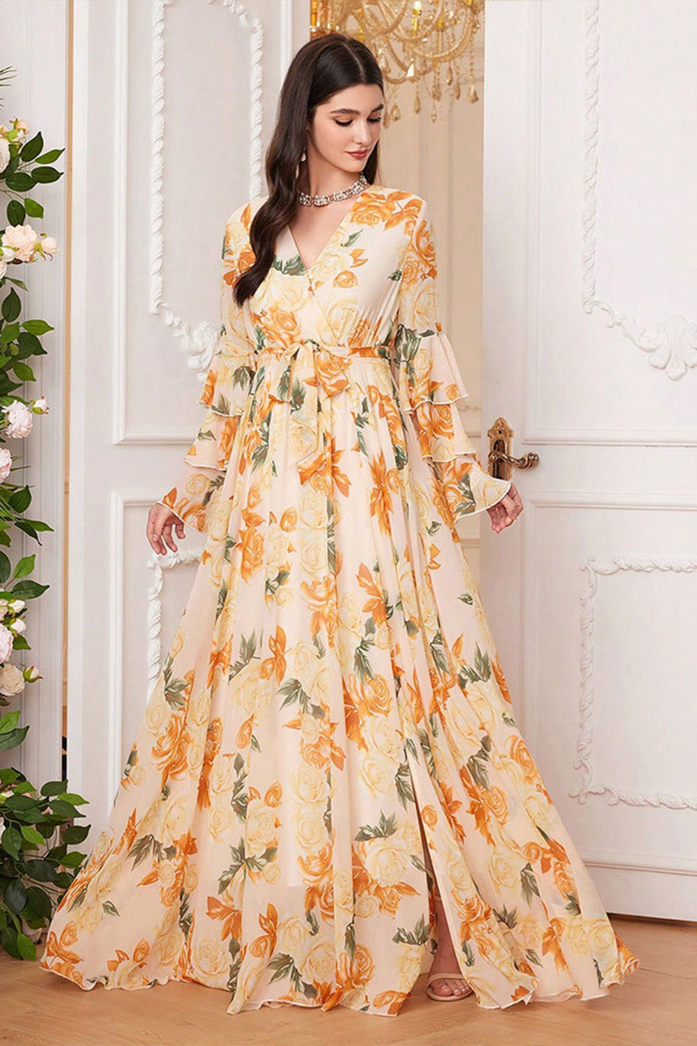 Yellow Floral Chiffon A-Line V-neck Long Sleeves Long Prom Dress