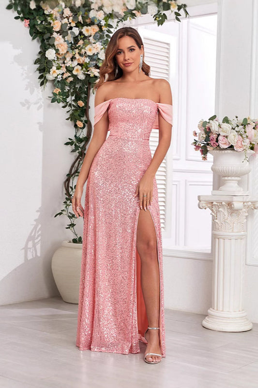 Pink A Line Off the Shoulder Sequin Long Prom Dress with Slit