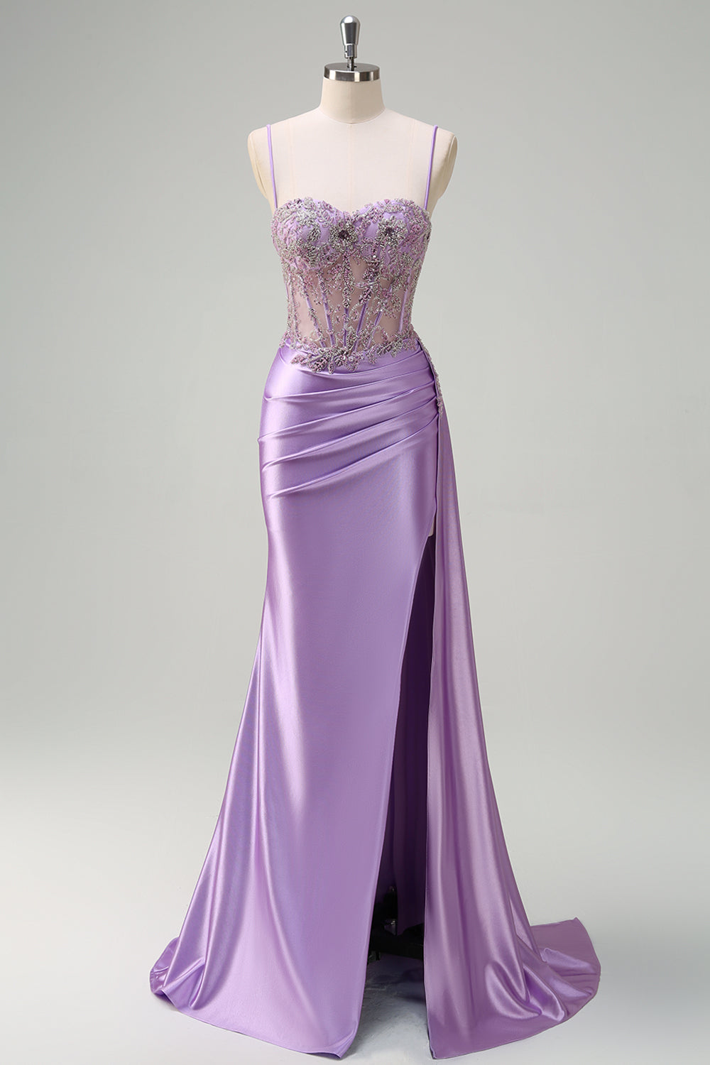 Purple Mermaid Floral Spaghetti Straps Applique Long Prom Dress with Slit