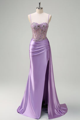 Purple Mermaid Floral Spaghetti Straps Applique Long Prom Dress with Slit