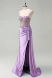 Purple Mermaid Floral Spaghetti Straps Applique Long Prom Dress with Slit