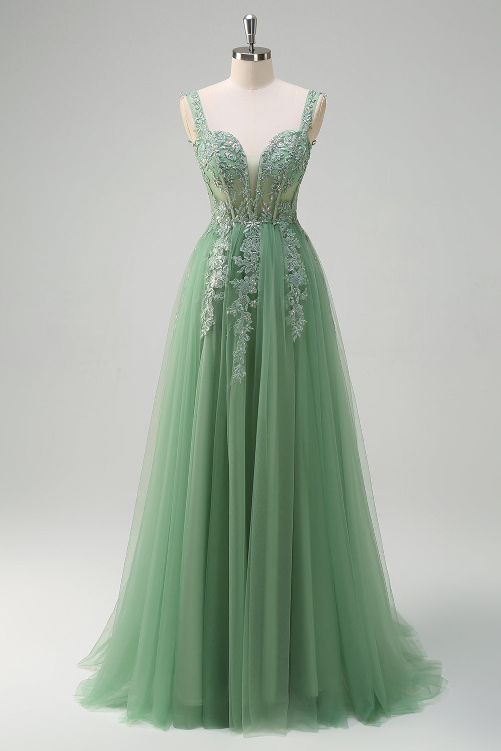 Green Floral A-Line Appliques Corset Tulle Long Prom Dress