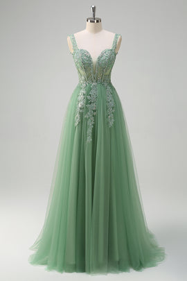 Green Floral A-Line Appliques Corset Tulle Long Prom Dress