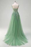 Green Floral A-Line Appliques Corset Tulle Long Prom Dress