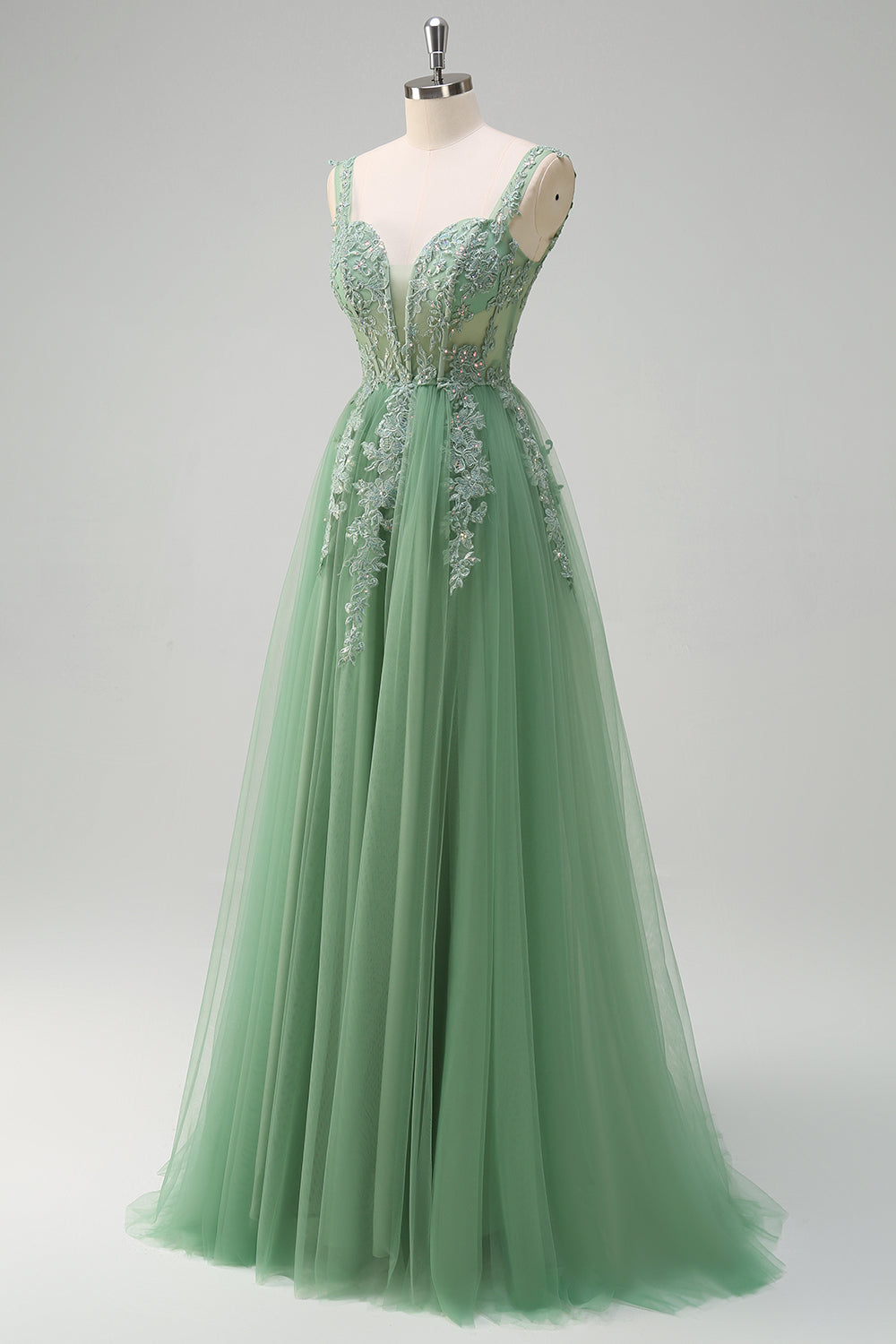 Green Floral A-Line Appliques Corset Tulle Long Prom Dress