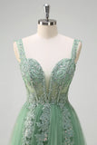 Green Floral A-Line Appliques Corset Tulle Long Prom Dress