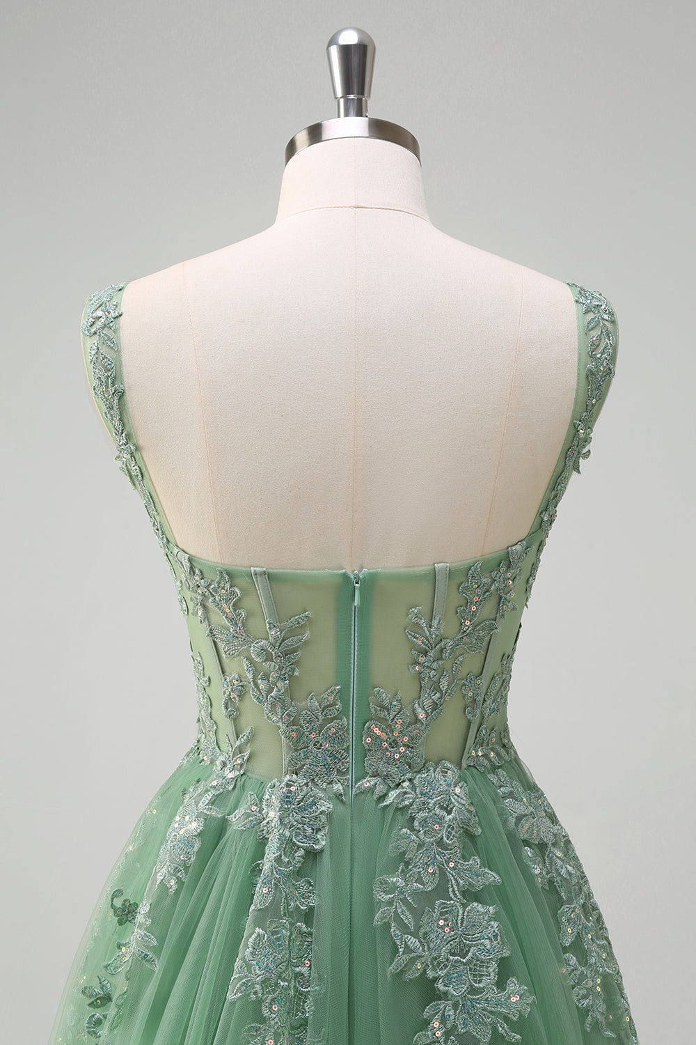 Green Floral A-Line Appliques Corset Tulle Long Prom Dress