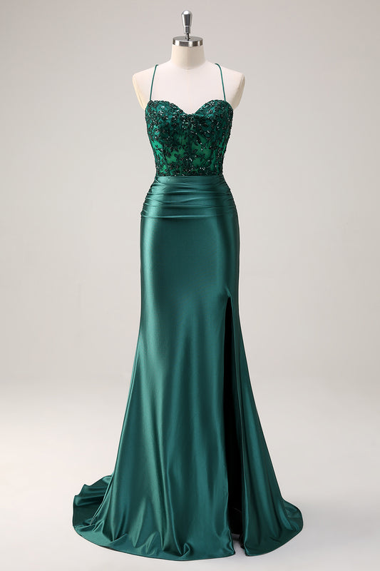 Dark Green Appliques Mermaid Spaghetti Straps Long Prom Dress with Slit