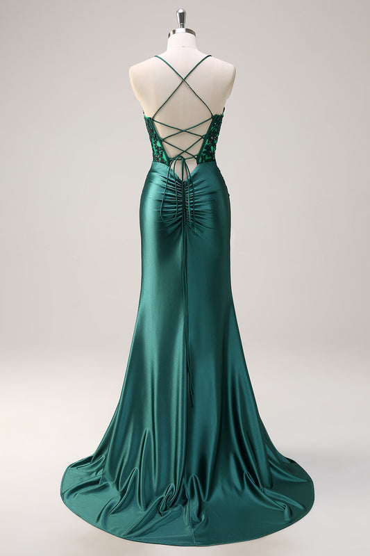 Dark Green Appliques Mermaid Spaghetti Straps Long Prom Dress with Slit