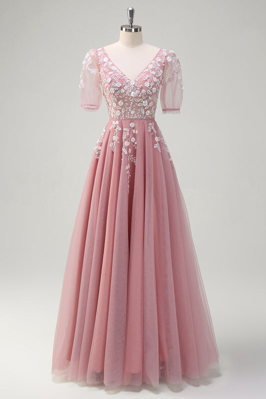 Blush Floral A-Line Appliques Long Prom Dress with Half Sleeves