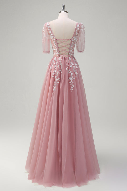 Blush Floral A-Line Appliques Long Prom Dress with Half Sleeves