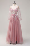 Blush Floral Cold Shoulder V-Neck Long Prom Dress with Long Sleeves