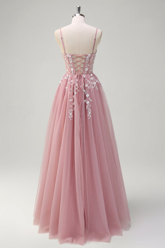 Blush Floral A-Line Spaghetti Straps Long Prom Dress with Slit