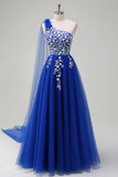 Royal Blue Floral A-Line One Shoulder Corset Long Prom Dress