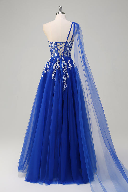 Royal Blue Floral A-Line One Shoulder Corset Long Prom Dress