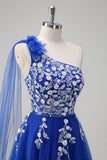 Royal Blue Floral A-Line One Shoulder Corset Long Prom Dress