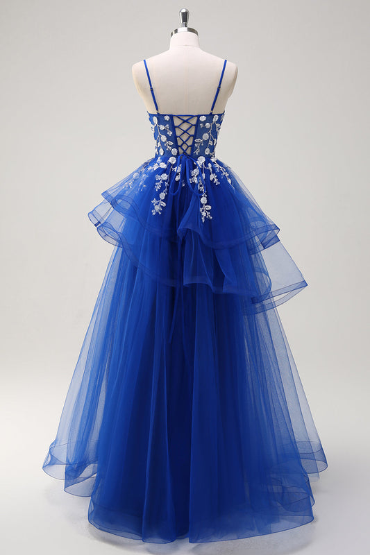 Royal Blue A-Line Tiered Long Appliqued Prom Dress with Sequins