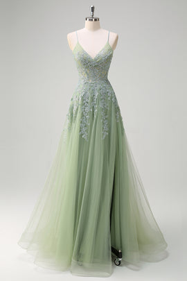 Green Floral A-Line Spaghetti Straps Corset Long Prom Dress with Slit