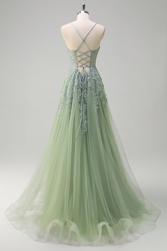 Green Floral A-Line Spaghetti Straps Corset Long Prom Dress with Slit