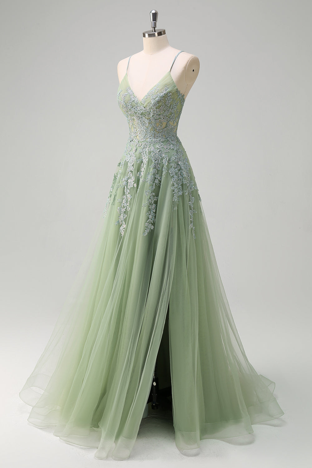 Green Floral A-Line Spaghetti Straps Corset Long Prom Dress with Slit