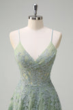 Green Floral A-Line Spaghetti Straps Corset Long Prom Dress with Slit