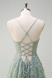 Green Floral A-Line Spaghetti Straps Corset Long Prom Dress with Slit