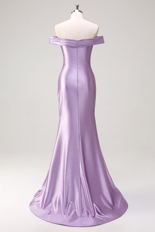 Lilac Mermaid Off the Shoulder Ruched Long Prom Dress