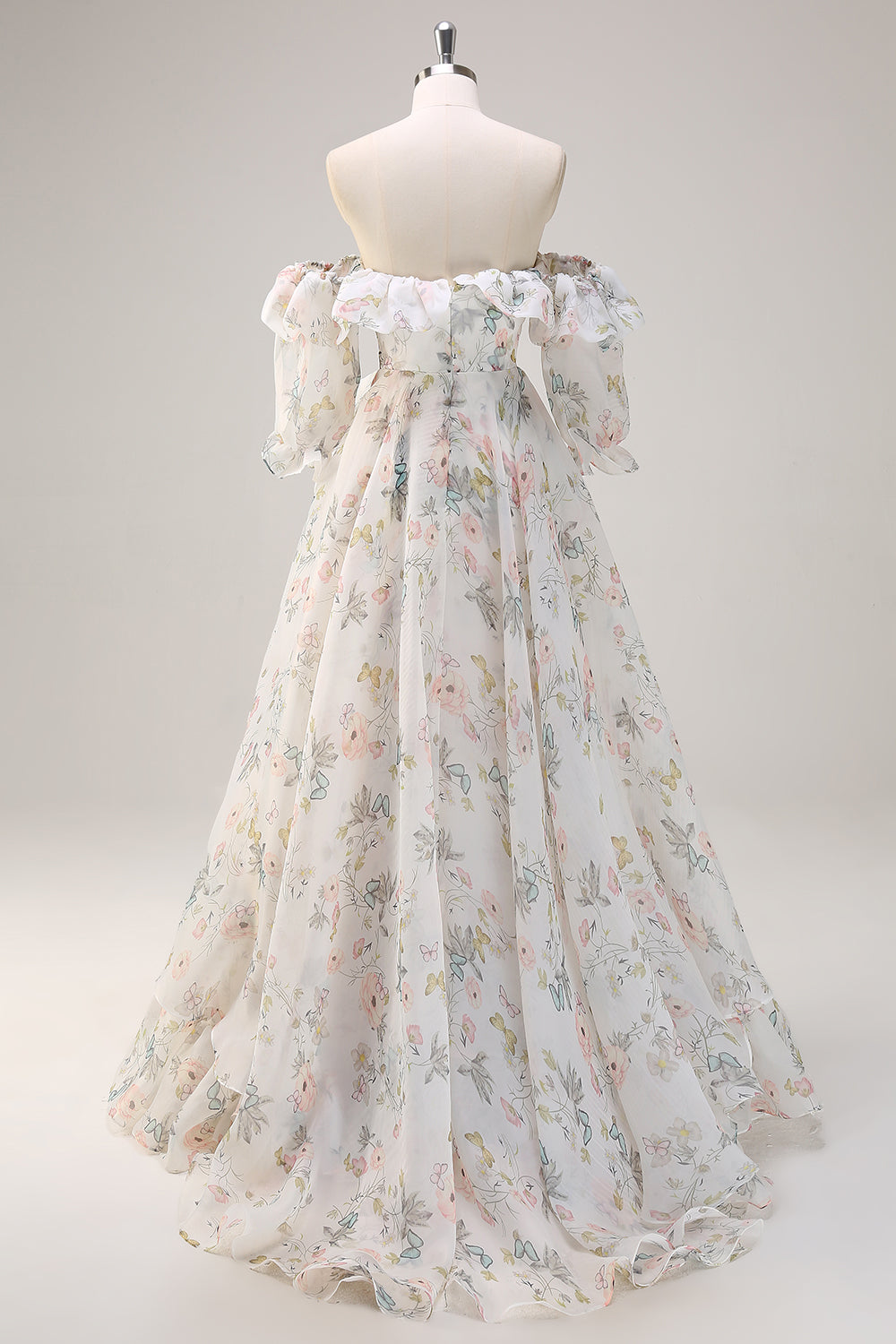 White Floral A-Line Off The Shoulder Ruffles Long Prom Dress with Slit