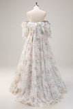 White Floral A-Line Off The Shoulder Ruffles Long Prom Dress with Slit