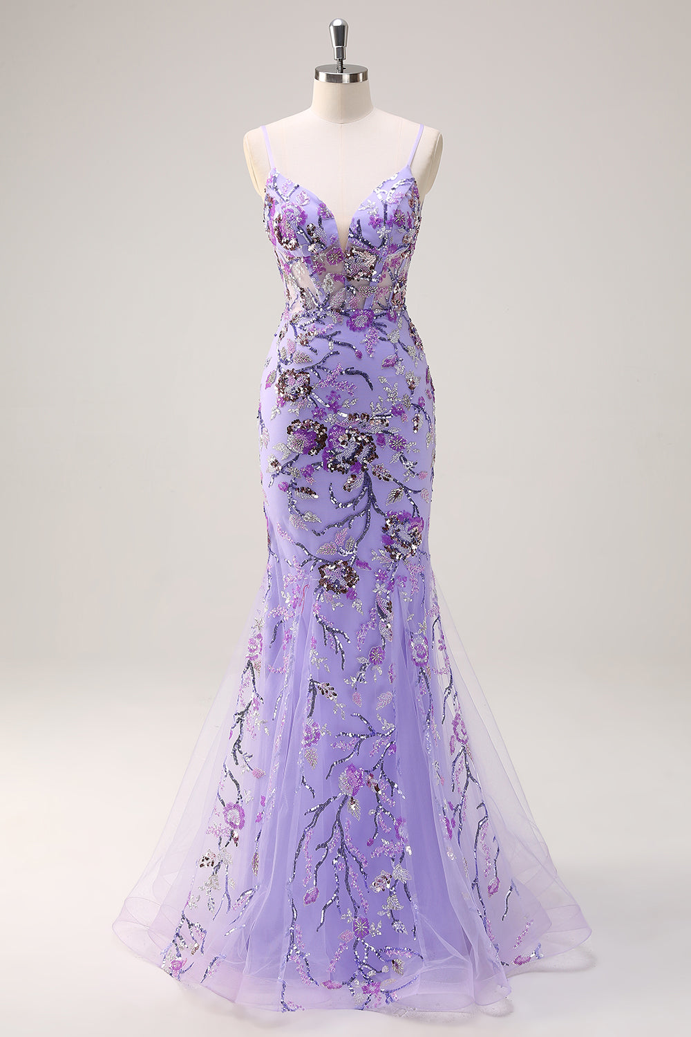 Sparkly Purple Mermaid Beaded Corset Long Prom Dress