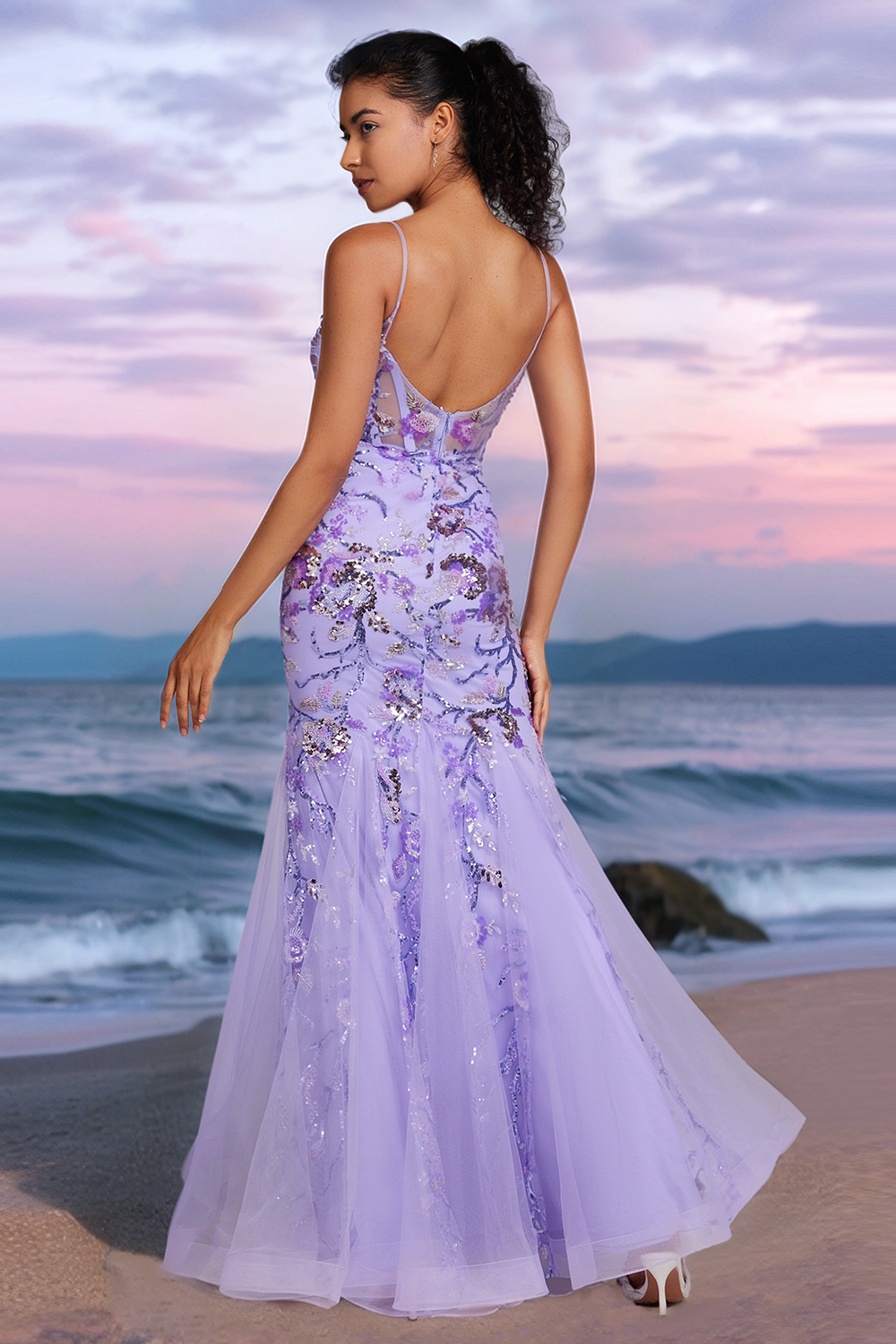 Sparkly Purple Mermaid Beaded Corset Long Prom Dress