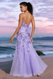 Sparkly Purple Mermaid Beaded Spaghetti Straps Long Prom Dress